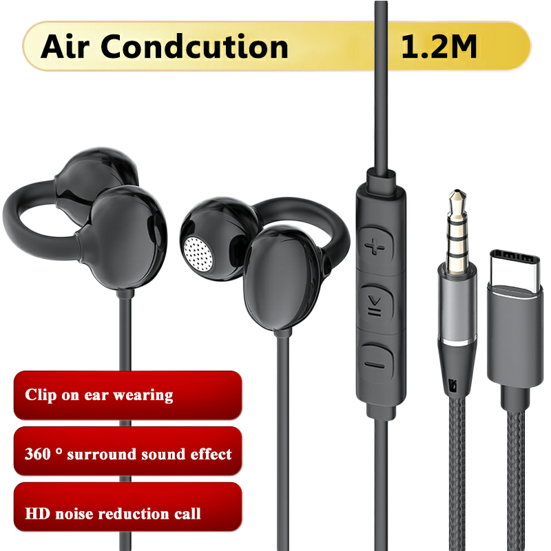 Open Ear Air Conduction Headphones - 有線オープンイヤーヘッドホン 3.5mm/Type-C 空気伝導イヤークリップヘッドセット HiFiサウンド ゲーミングミュージックイヤホン HDマイク付き