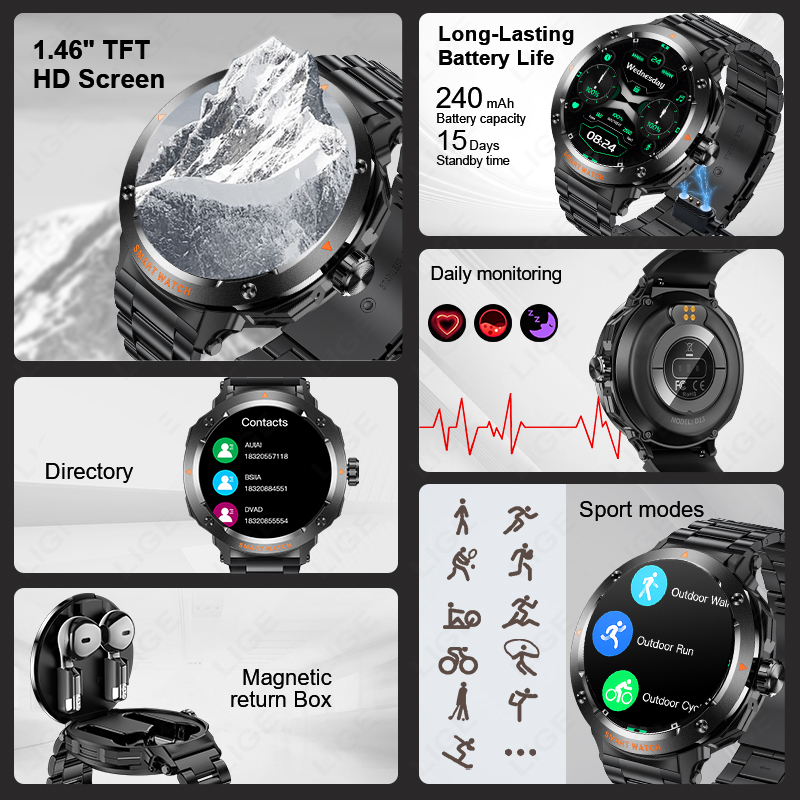 LIGE新型2in1スマートウォッチ、ヘッドホン付き、フルタ - Tws Earbuds Bluetooth 5.3 のレビューと価格